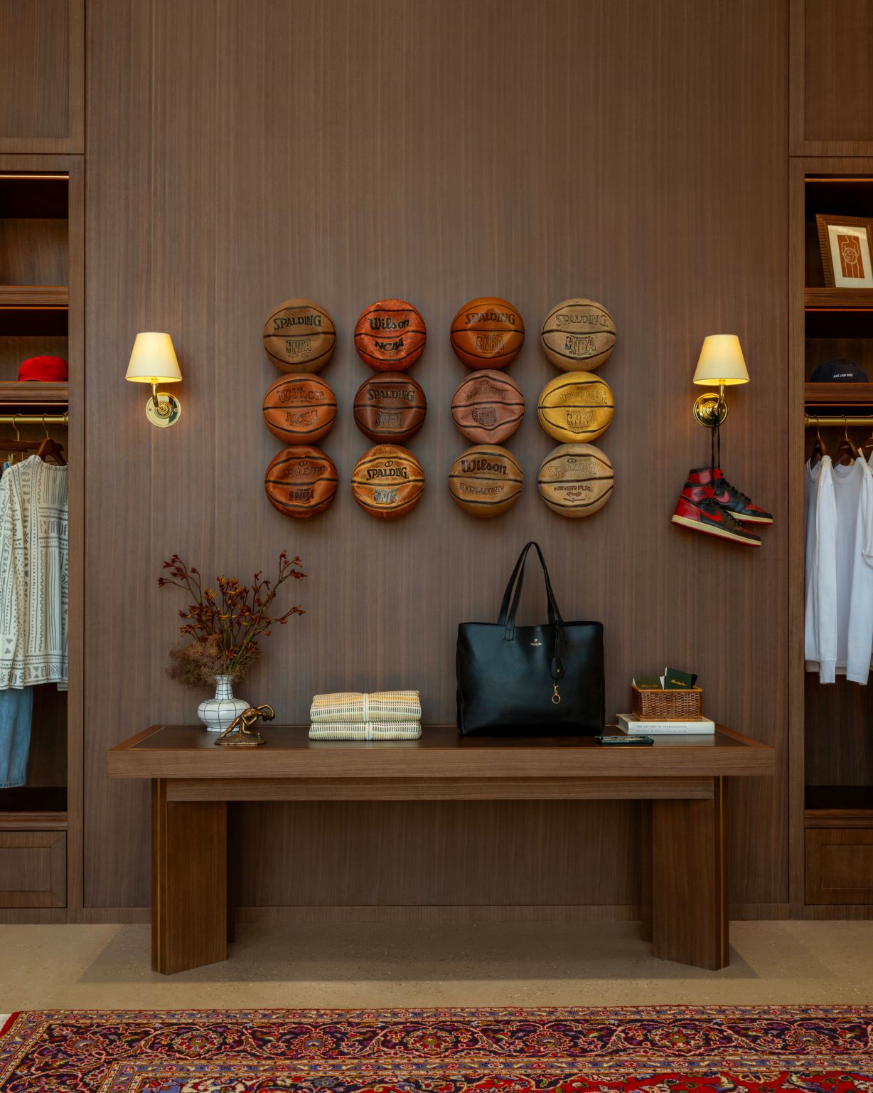 A feature display of vintage basketballs, apparel and accessories
